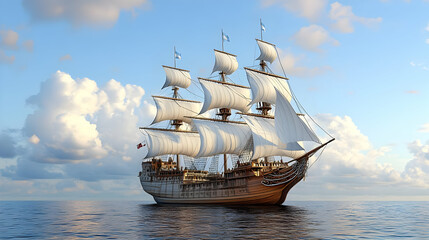 Sailing Ship on the Ocean with a Cloudy Sky