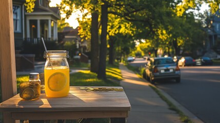 Lemonade stand on sidewalk, jar of coins showcasing entrepreneurship spirit. AI generated