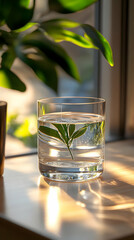 Green Leaf Submerged in Glass of Water Photo