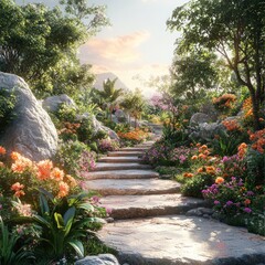 Obraz premium A stone pathway leads up a hill through a lush, tropical garden.