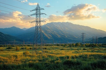 Power lines stand tall against a backdrop of mountains and a golden sunset.