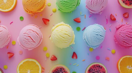 Colorful Ice Cream Scoops on Vibrant Background