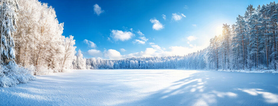 Panorma from winter sun shining over a frozen lake and snowy trees