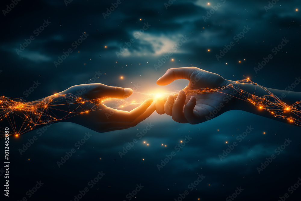 Aufkleber human and robot hands connecting in data network