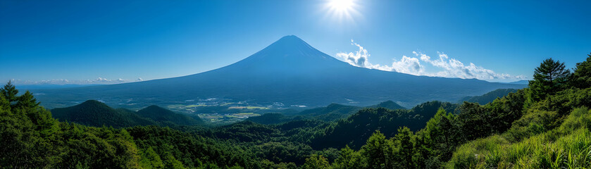 Fototapeta premium Mount Fuji Photo - Majestic Volcano in Japan, with Lush Green Forests and Blue Sky