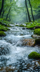 Obraz premium Photo of a Crystal Clear Stream Flowing Through a Lush Green Forest