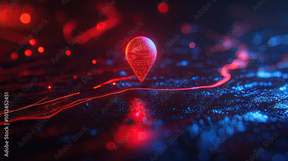 Poster digital map pin with futuristic ai technology, set against a backdrop of holographic data streams an
