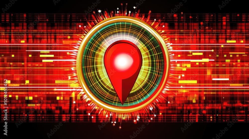 Poster digital map pin icon in a futuristic design with ai technology elements, data streams, and a tech-sa
