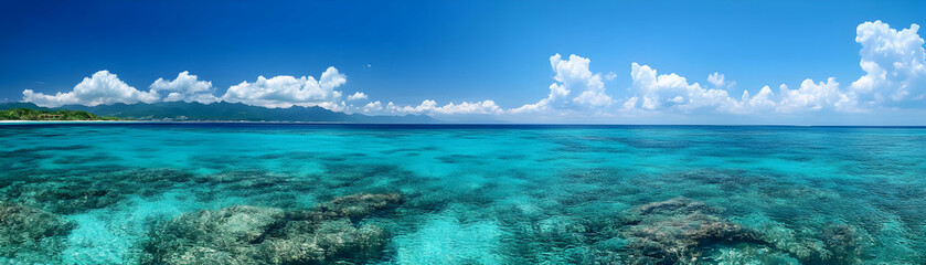 Crystal Clear Ocean Photo - Tropical Beach, Blue Sky, Clouds, Turquoise Water, Mountains, Island, Paradise, Scenic, Summer, Vacation, Travel
