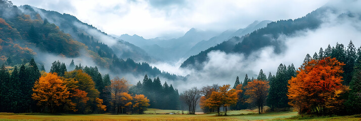 Autumn Landscape - Vibrant Fall Colors in a Misty Mountain Forest