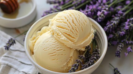 Creamy Vanilla Ice Cream with Lavender Flowers