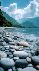 Serene Lake Landscape Photo - Mountains, Clouds, Water, Rocks, Nature