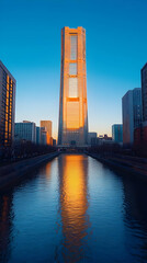 Fototapeta premium Golden Hour Reflection - Yokohama Landmark Tower Photo
