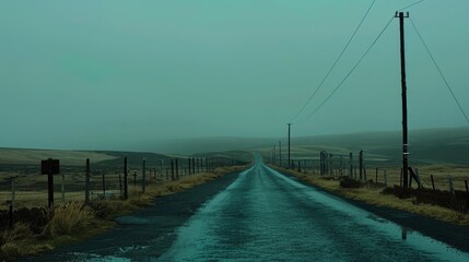Obraz premium Misty Roadway Through Open Landscape at Dusk