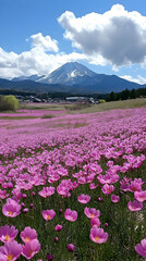 Photo - Pink Cosmos Field with Mount Fuji