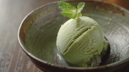 Creamy Mint Ice Cream in Rustic Bowl