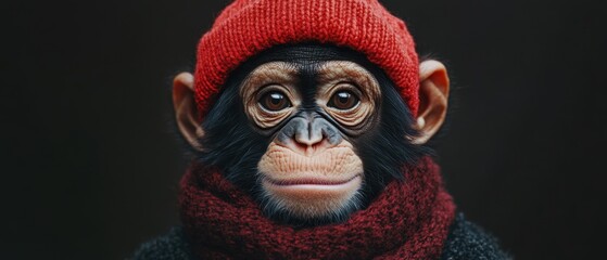 Fototapeta premium Chimp in a red hat and scarf indoors