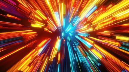 3d render, abstract multicolor spectrum background, bright orange blue neon rays and colorful glowing lines 