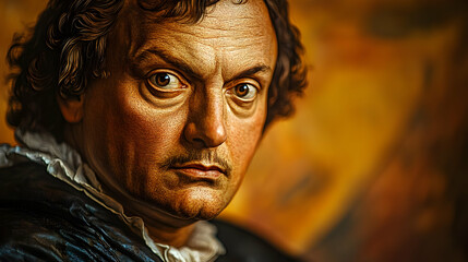 Close Up Portrait of a Man with a Moustache and Wavy Hair