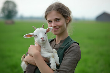 Young Woman Farmer Holding Adorable White Baby Goat Outdoors, goat, kid, baby goat, young woman, farmer, farming, agriculture, rural, countryside, pastoral, farm, animal, livestock, mammal, pet, cute,