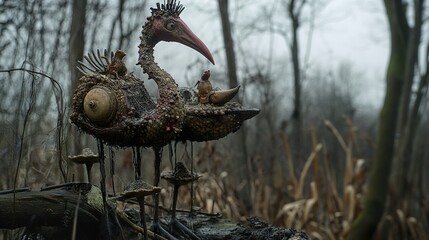 Fototapeta premium Surreal Bird Sculpture in a Forest Setting