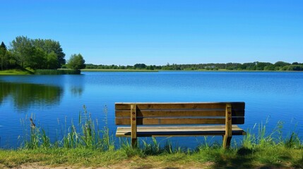Obraz premium Tranquil Lake Scene with Wooden Bench and Clear Sky