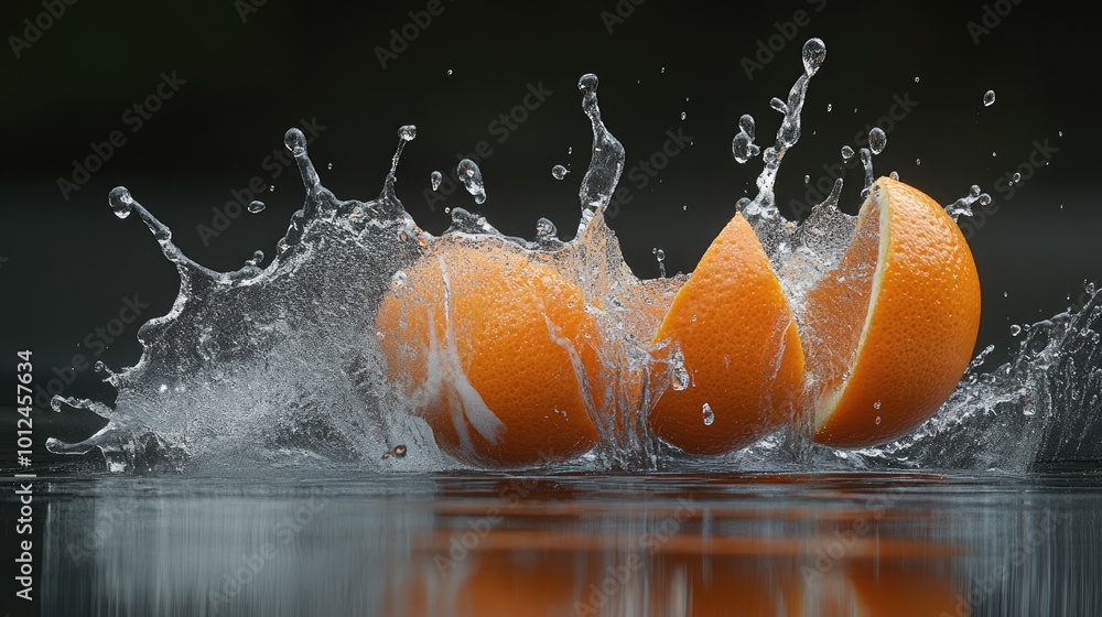Poster fresh orange slices floating and splashing in water, the vibrant color and droplets emphasizing thei