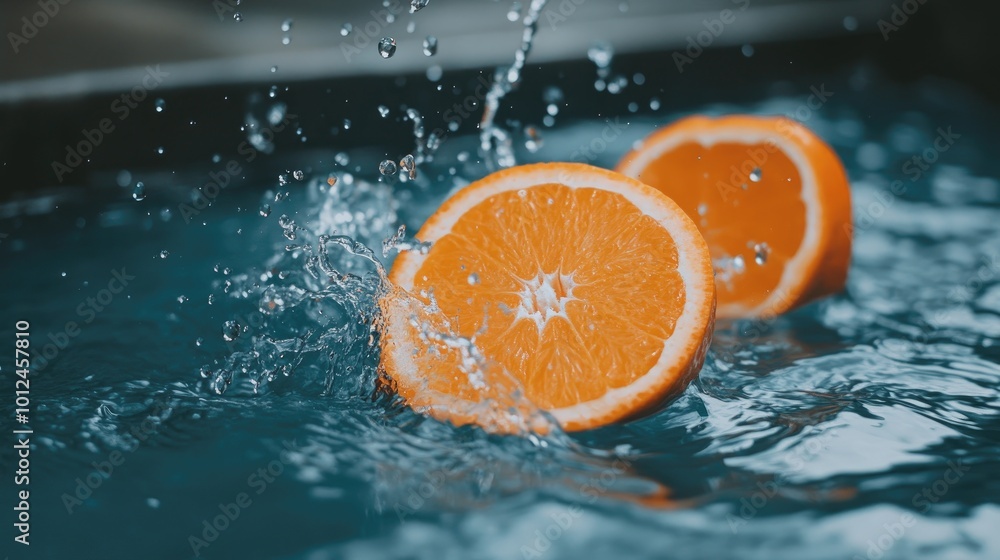 Poster fresh orange slices floating and splashing in water, the vibrant color and droplets emphasizing thei