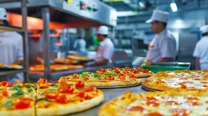 Freshly baked pizzas being prepared in a bustling kitchen