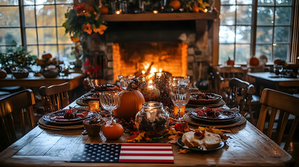 Cozy Fall Table Setting with Fireplace and Pumpkins