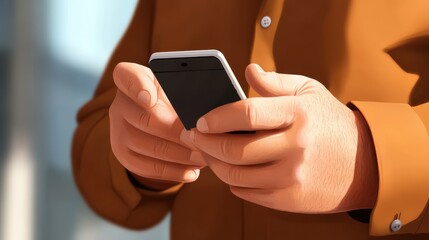 A person, partially shown, wearing an orange shirt, is holding and using a smartphone, representing technology, communication, and modern lifestyle.