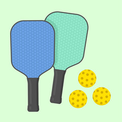 Pickleball racket and ball set. Pickle ball equipment in flat graphic style illustration.