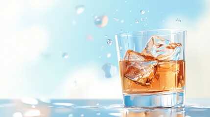 Dynamic image showcasing a whiskey glass with ice cubes and splashes of water in sunlight, creating a lively and vibrant atmosphere of refreshment and allure.