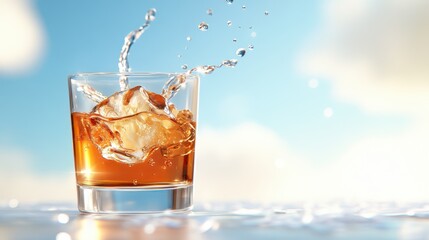 A dynamic scene of iced beverage splashing in a glass against a clear blue sky. The motion, light reflections, and vibrant colors create a lively and fresh visual.