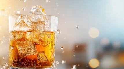 An artistic capture of an amber beverage and ice cubes in a transparent glass with droplets splashing out, set against a clear blue backdrop, showcasing freshness.