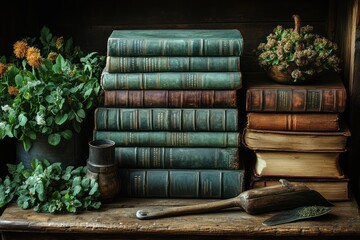 Antique books and plants on a wooden shelf, a rustic still life.