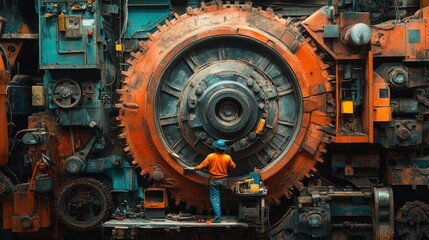 A worker in blue hard hat and orange shirt stands in front of a massive, rusty, industrial machine with a large gear.