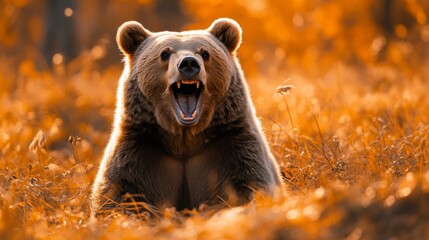 Obraz premium A bear is laying in the grass with its mouth open, showing its teeth. The bear is in a field of yellow grass, and the scene has a peaceful and serene mood