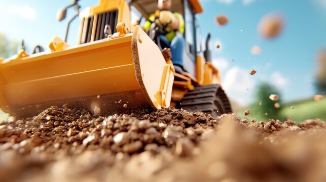 A brightly colored tractor actively shifts soil, its operator visible in the cabin as it executes essential tasks in land preparation and development.