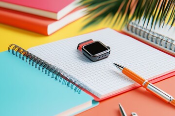Modern blue office essentials with a sleek watch, notebook, pen, and tablet on a clean blue background, capturing a professional style.