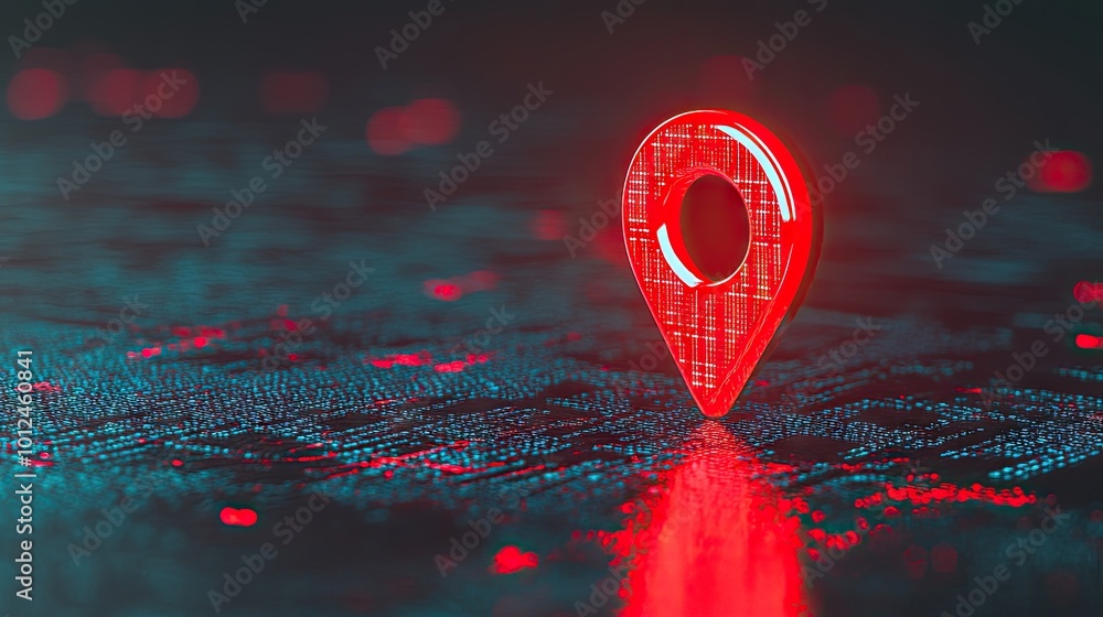 Poster futuristic map pin glowing in neon, set against a sleek, high-tech interface with ai technology elem