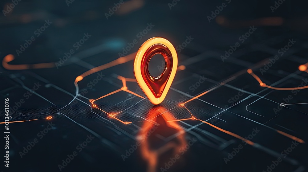 Poster futuristic map pin glowing in neon, set against a sleek, high-tech interface with ai technology elem
