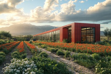 A modern red building with large windows stands in a field of orange flowers with white flowers in the foreground, against a mountain backdrop and cloudy sky.