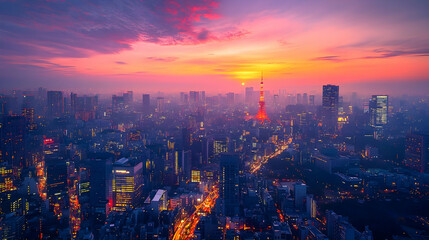 Fototapeta premium Tokyo Skyline Sunset Illustration - Cityscape, Japan, Urban, Architecture, Night, Lights, Buildings