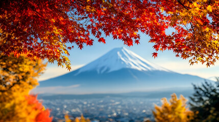 Autumn in Japan Photo - Mount Fuji Framed by Red Maple Leaves