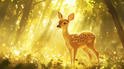 Fototapeta premium A small deer is standing in a field of grass. The sun is shining brightly, casting a warm glow on the scene. Concept of peace and tranquility