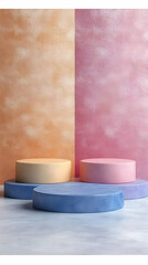 3D Illustration - Pink, Blue, and Beige Podiums on a Textured Background
