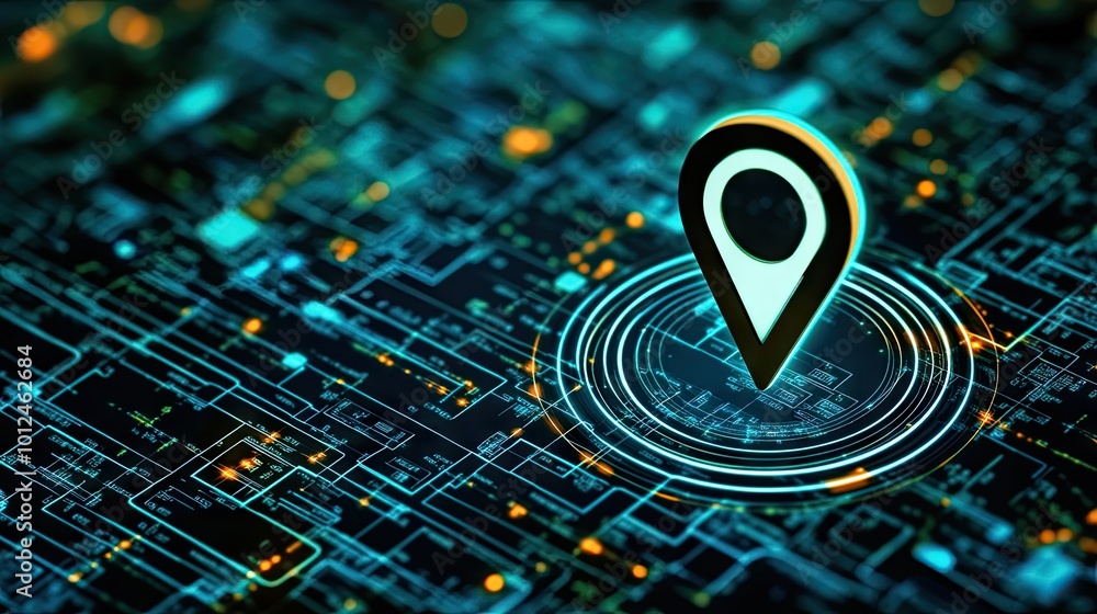 Poster high-tech location pin icon hovering on a holographic map, with ai technology and data grids creatin