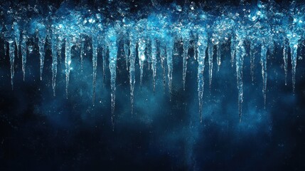 Obraz premium A close-up of a row of icicles hanging from an edge, with a blurred blue and white background.