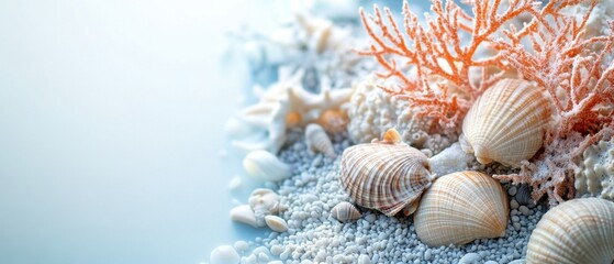 Dawn coastal view with shells and coral